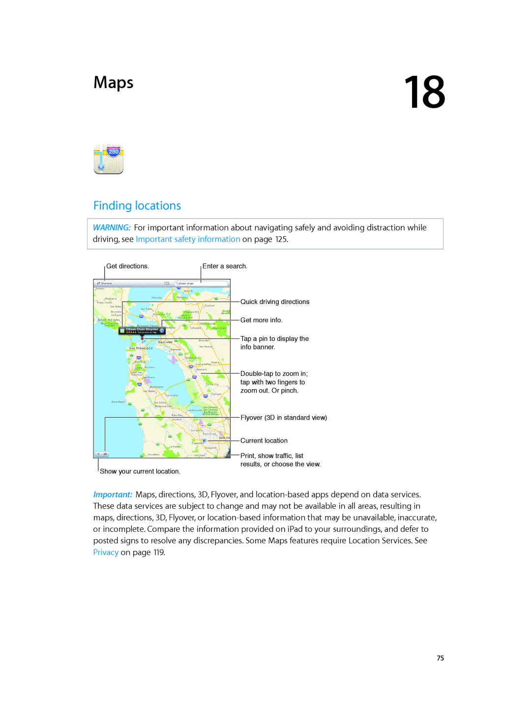 Apple MD528LL/A manual Maps, Finding locations 