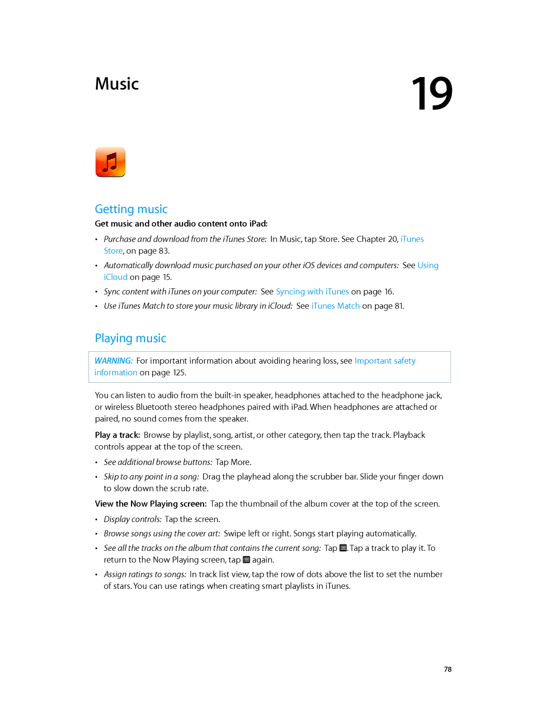 Apple MD528LL/A manual Music, Getting music, Playing music, Get music and other audio content onto iPad 