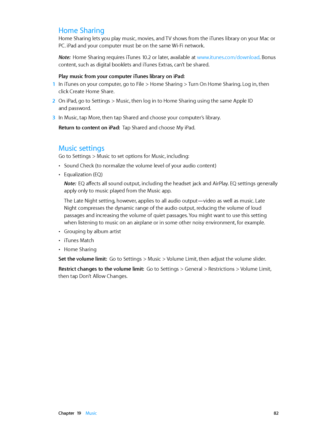 Apple MD528LL/A manual Home Sharing, Music settings, Play music from your computer iTunes library on iPad 