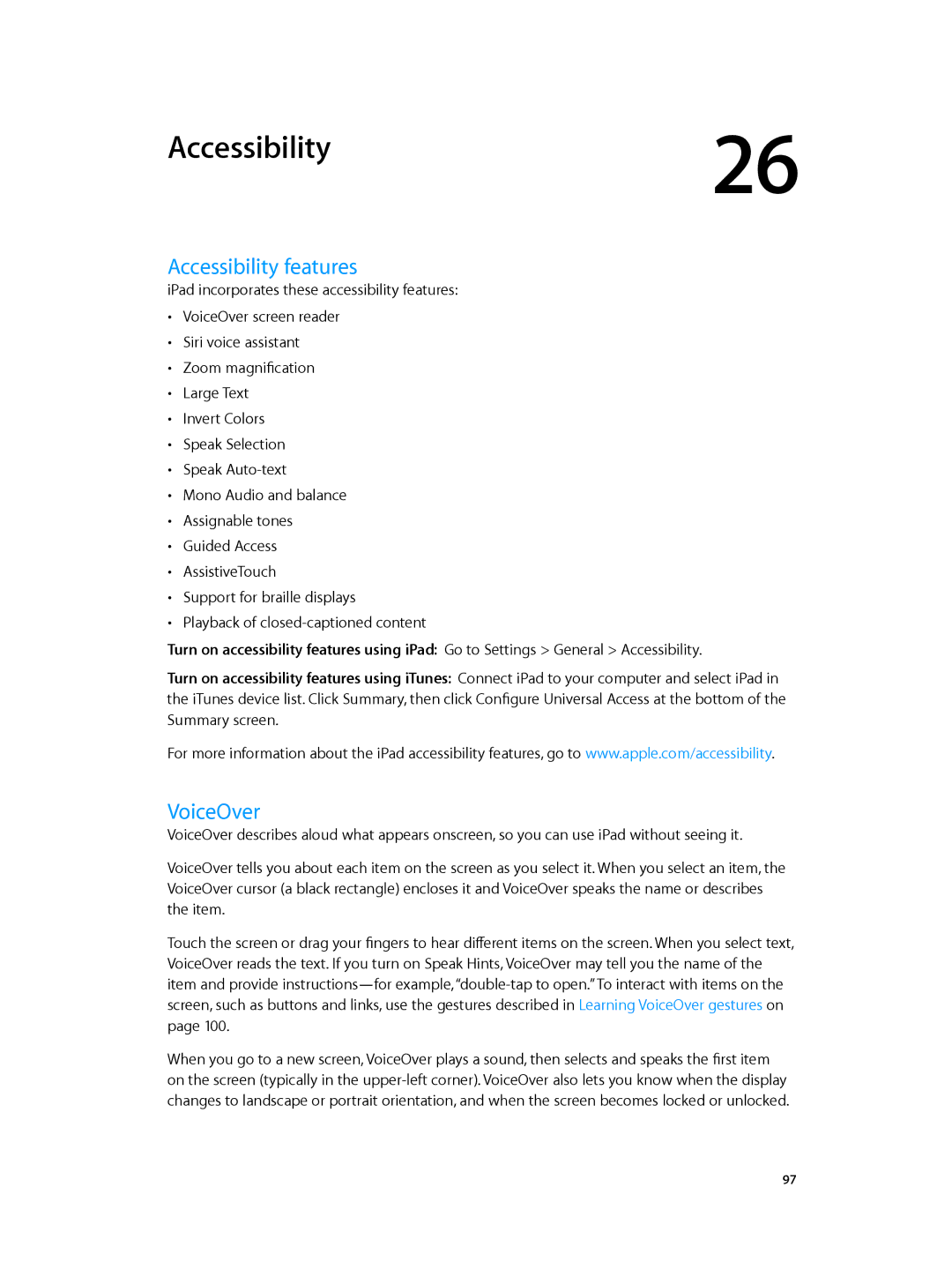 Apple MD528LL/A manual Accessibility features, VoiceOver 
