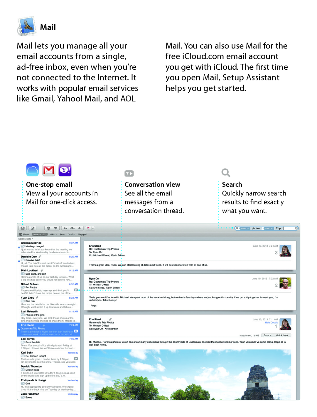 Apple MD711LL/A quick start Mail, One-stop email, Conversation view, Search 