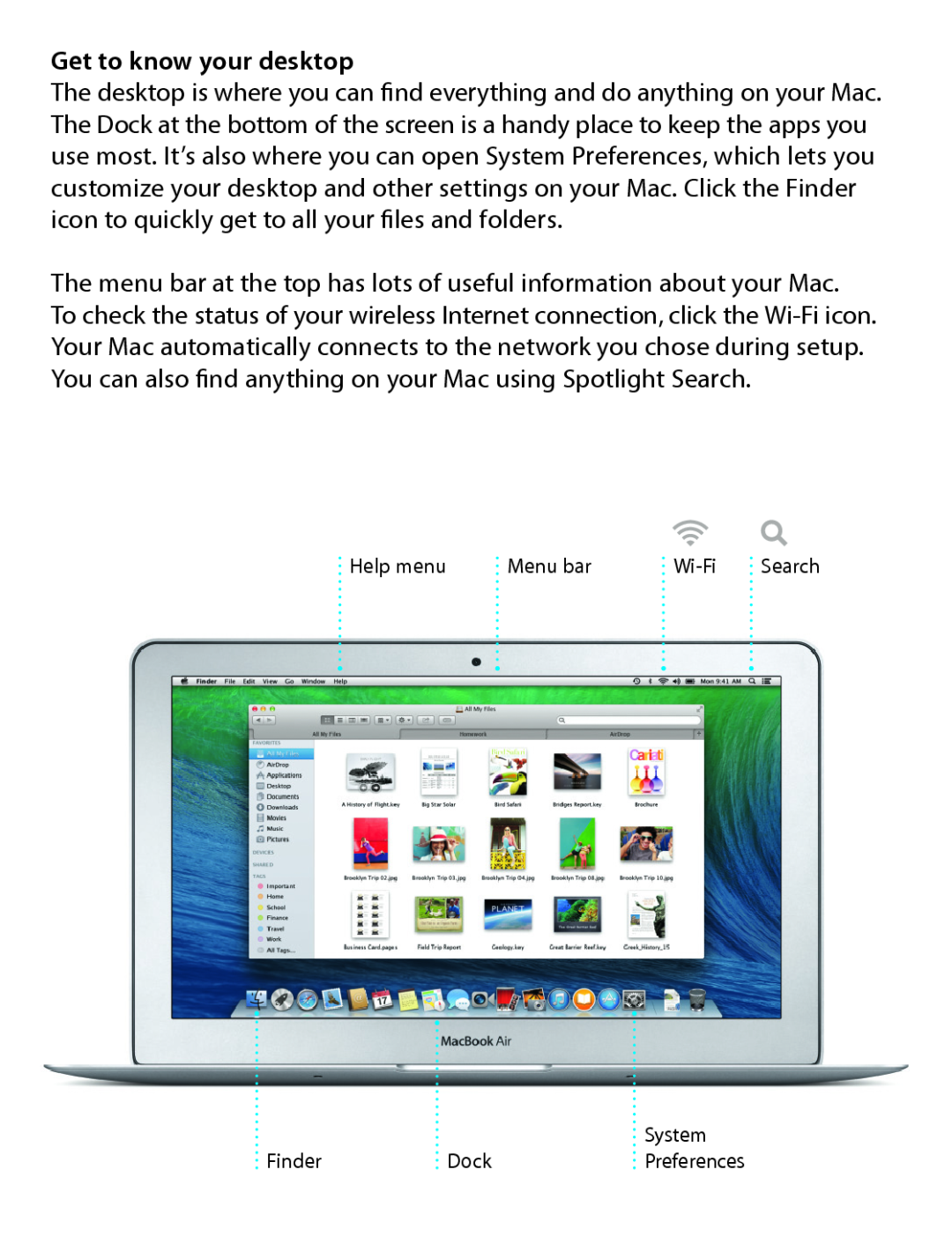 Apple MD711LL/A quick start Get to know your desktop, Help menu, Menu bar, Wi-Fi, System, Finder, Dock 