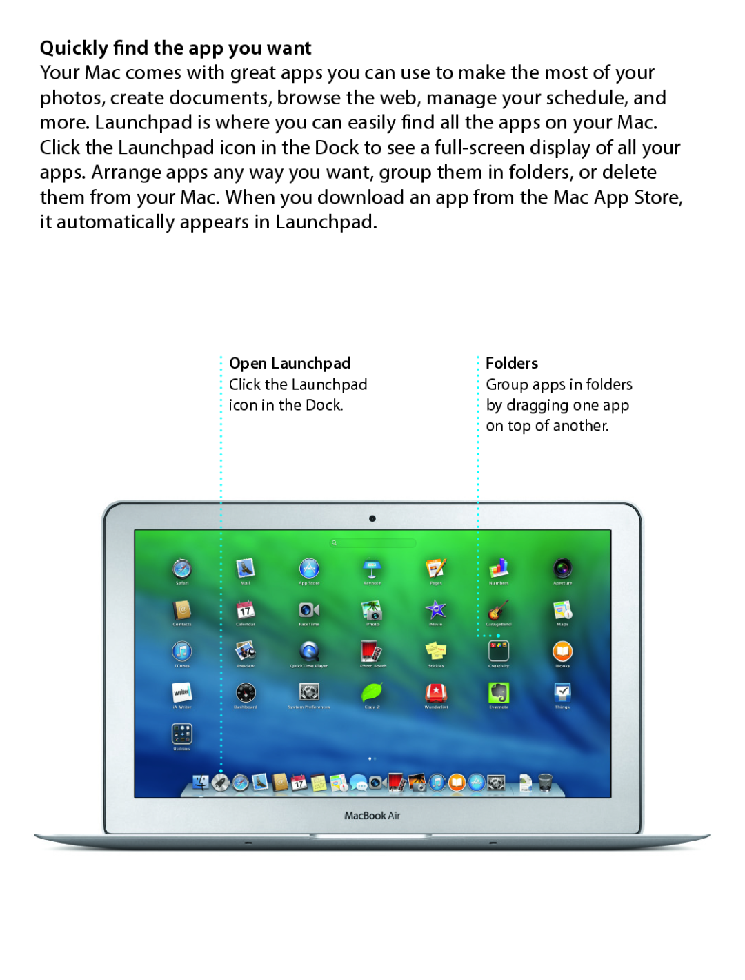Apple MD711LL/A quick start Quickly find the app you want, Open Launchpad Click the Launchpad icon in the Dock, Folders 