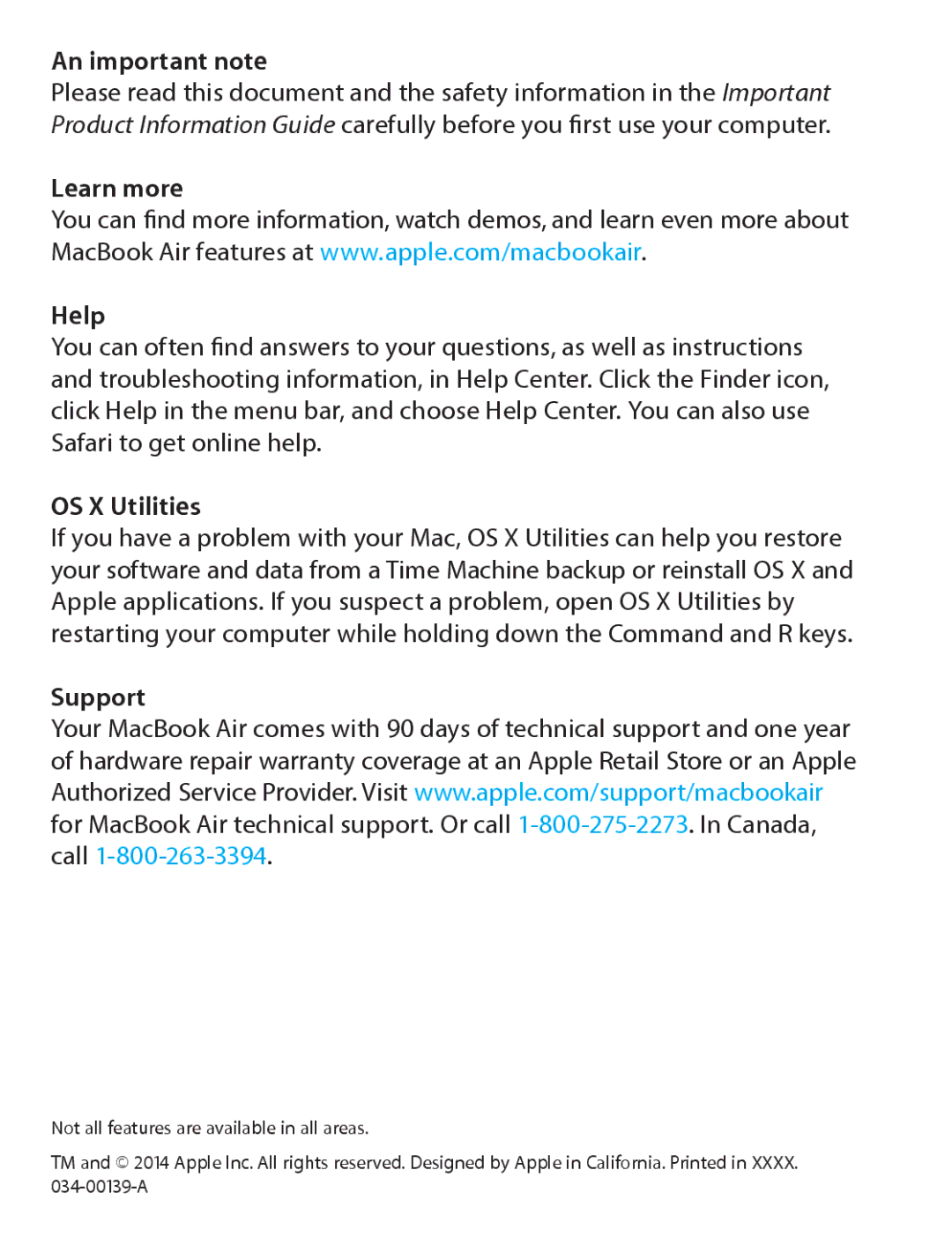 Apple MD711LL/A quick start An important note, Learn more Help, OS X Utilities, Support 