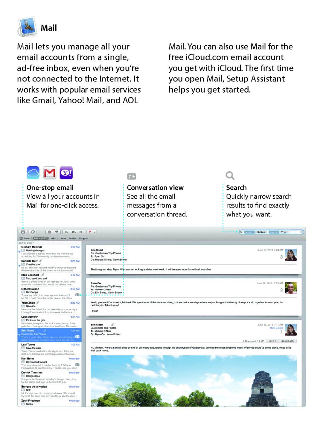 Apple MD711LL/A quick start Mail, One-stop email Conversation view Search 