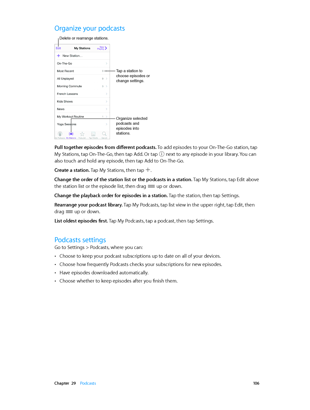 Apple MD717LL/A, MD723LL/A manual Organize your podcasts, Podcasts settings 