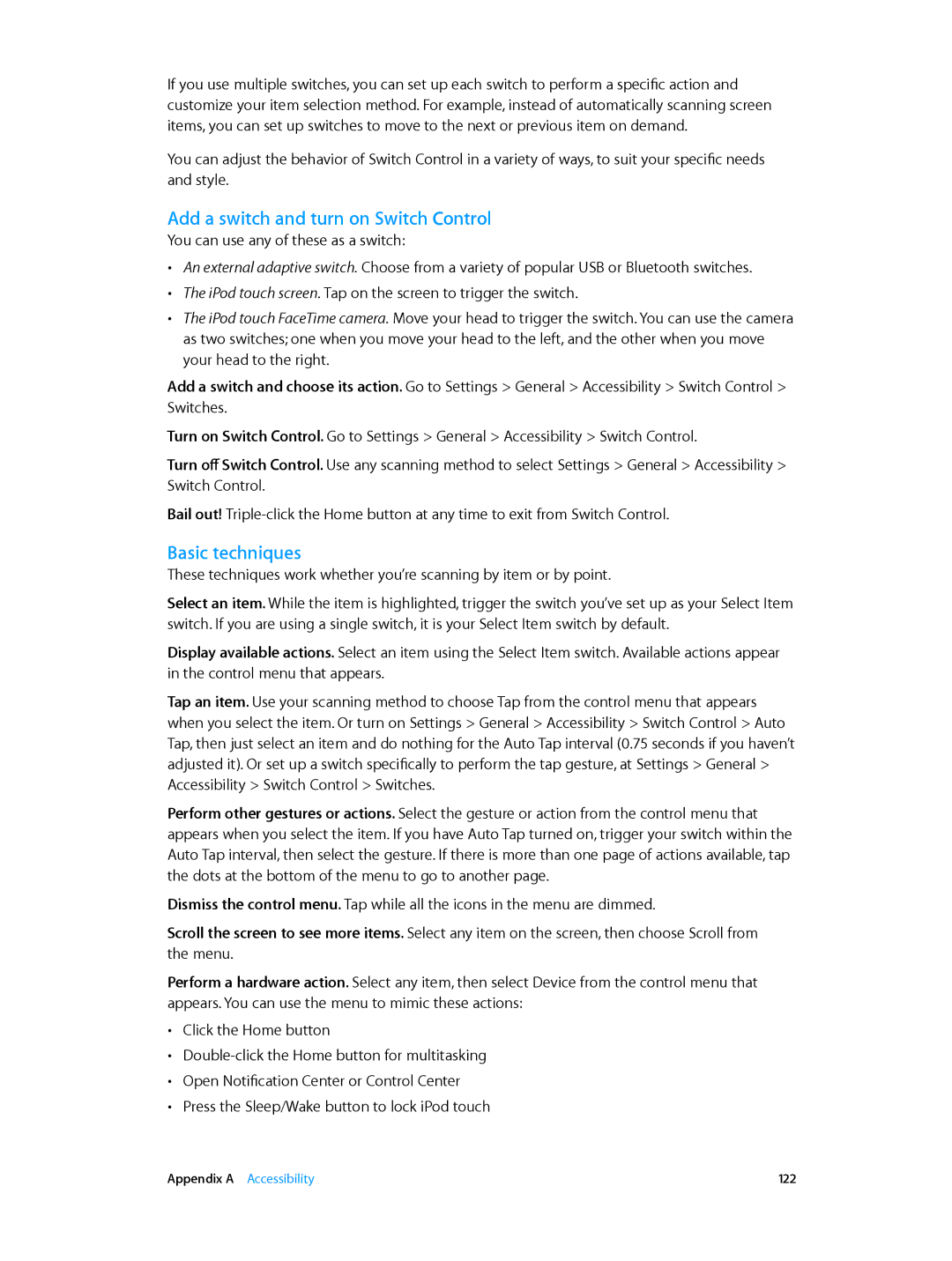 Apple MD717LL/A, MD723LL/A manual Add a switch and turn on Switch Control, Basic techniques 