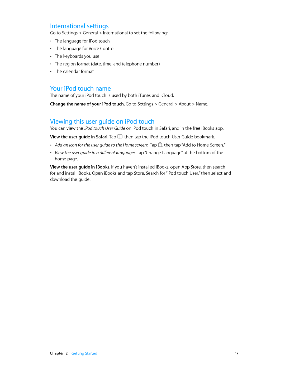 Apple MD723LL/A, MD717LL/A manual International settings, Your iPod touch name, Viewing this user guide on iPod touch 