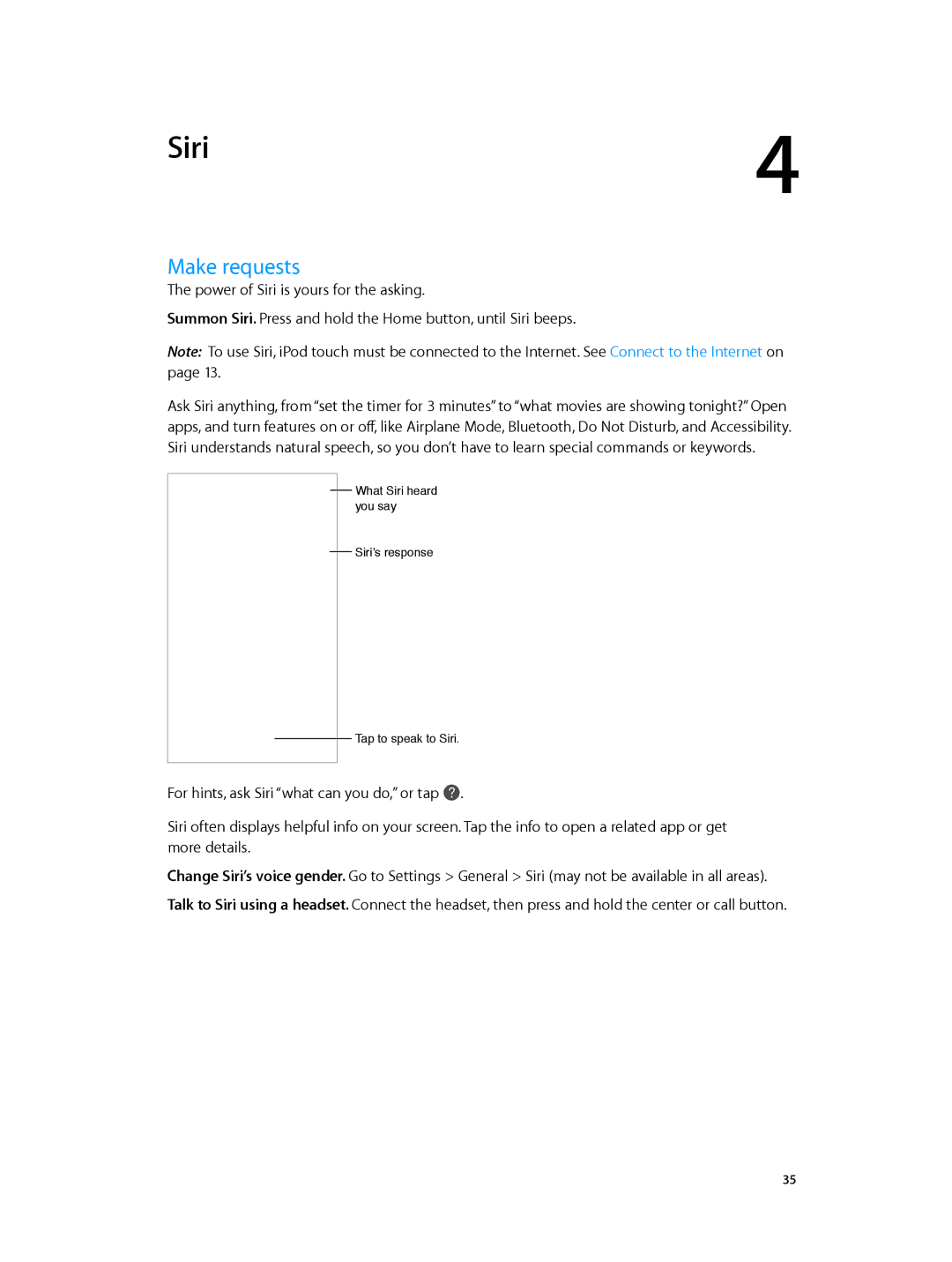 Apple MD723LL/A, MD717LL/A manual Siri, Make requests 