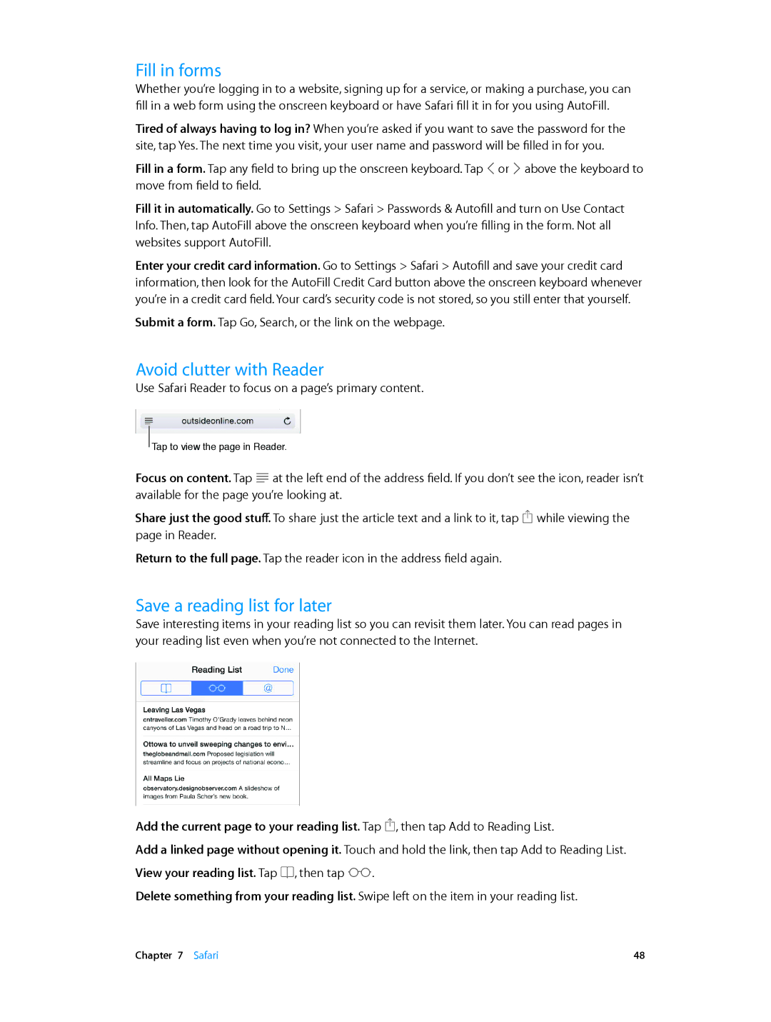 Apple MD717LL/A, MD723LL/A manual Fill in forms, Avoid clutter with Reader, Save a reading list for later 