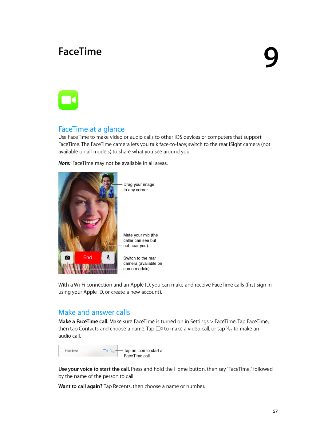 Apple MD723LL/A, MD717LL/A manual FaceTime at a glance, Make and answer calls 