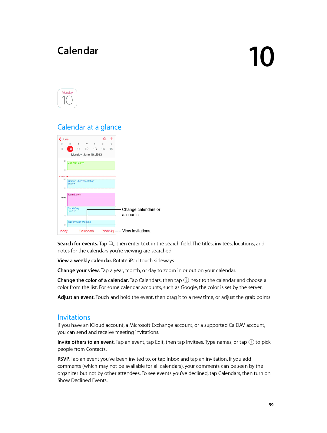 Apple MD723LL/A, MD717LL/A manual Calendar at a glance, Invitations 