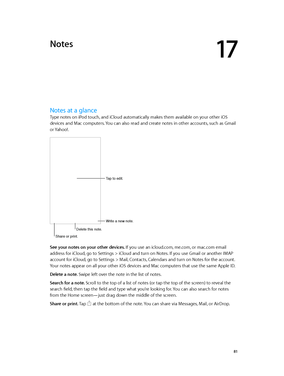 Apple MD723LL/A, MD717LL/A manual Tap to edit Write a new note Delete this note Share or print 