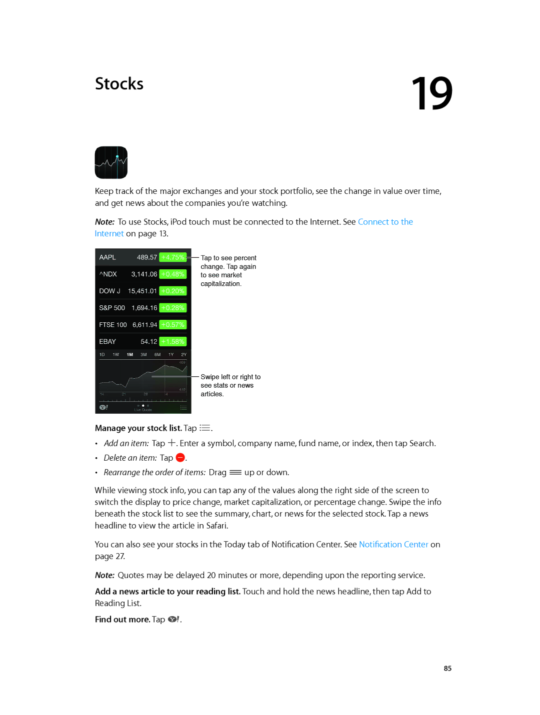 Apple MD723LL/A, MD717LL/A manual Stocks, Manage your stock list. Tap 