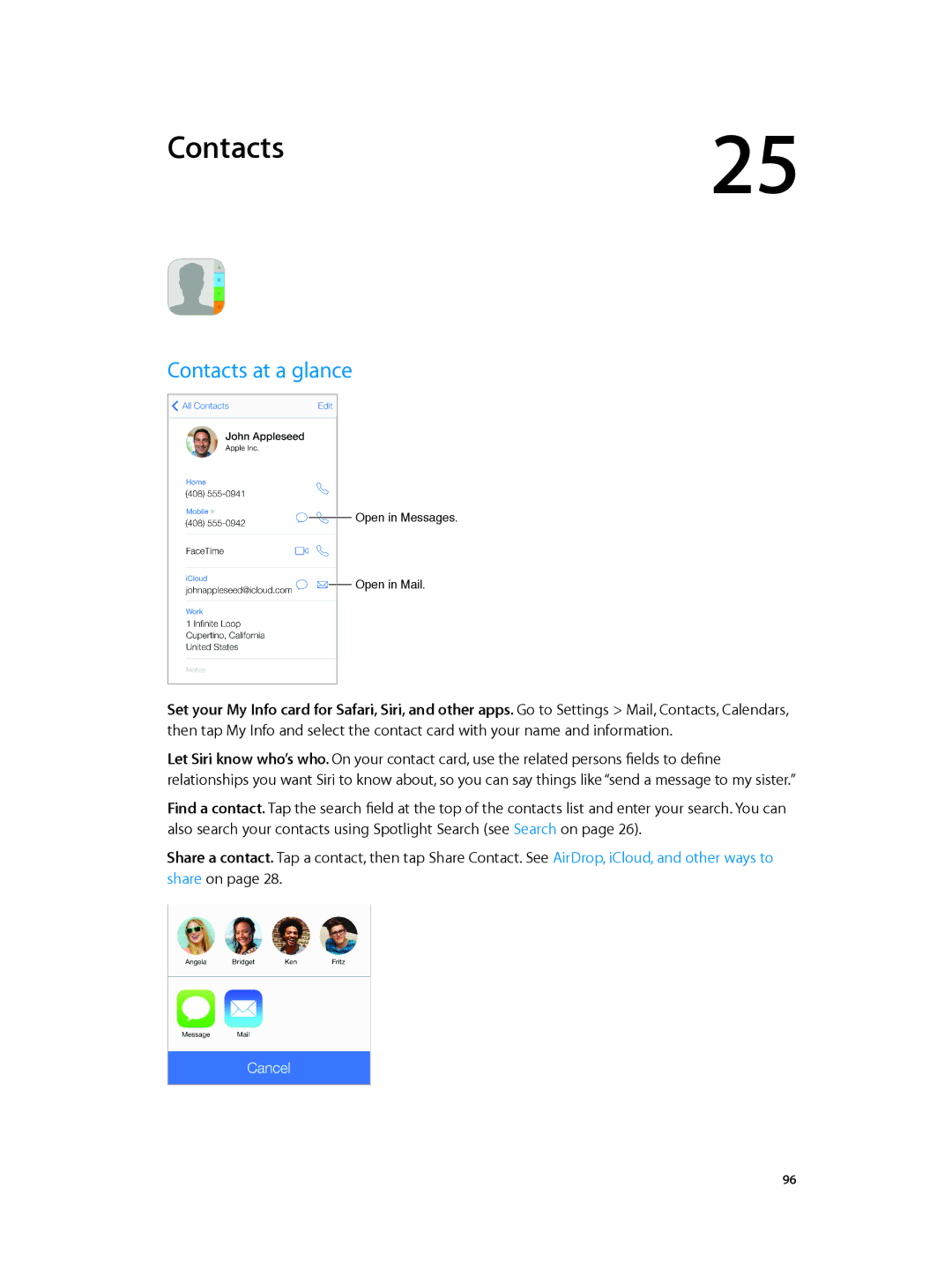 Apple MD717LL/A, MD723LL/A manual Contacts at a glance 