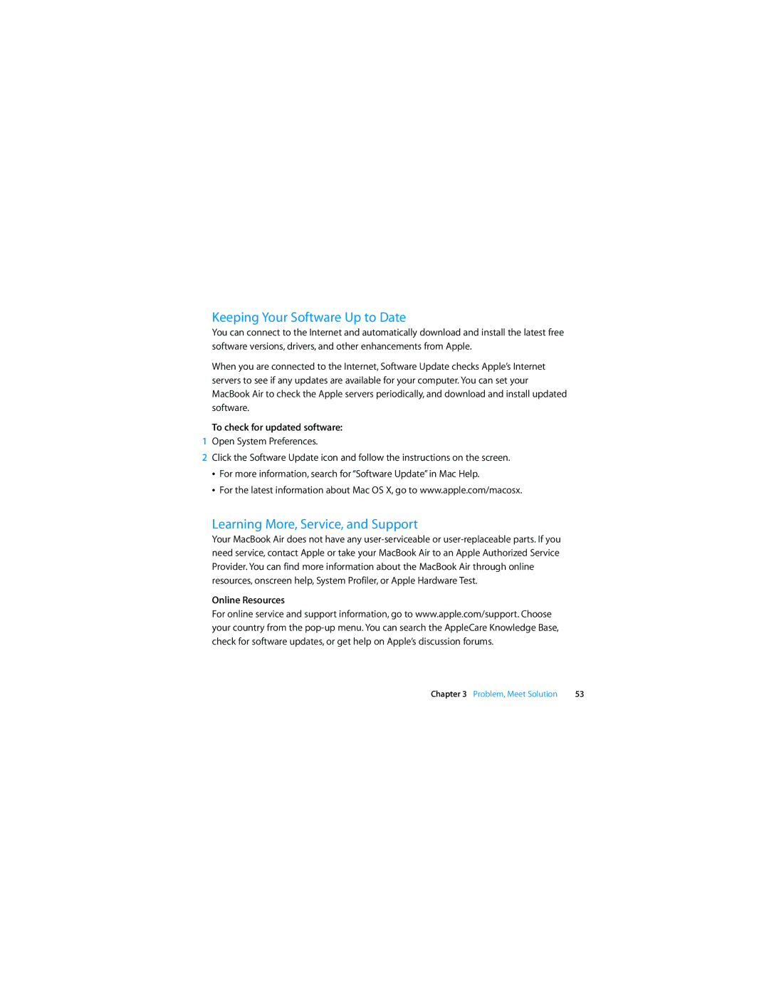 Apple MD223LL/A manual Keeping Your Software Up to Date, Learning More, Service, and Support, To check for updated software 