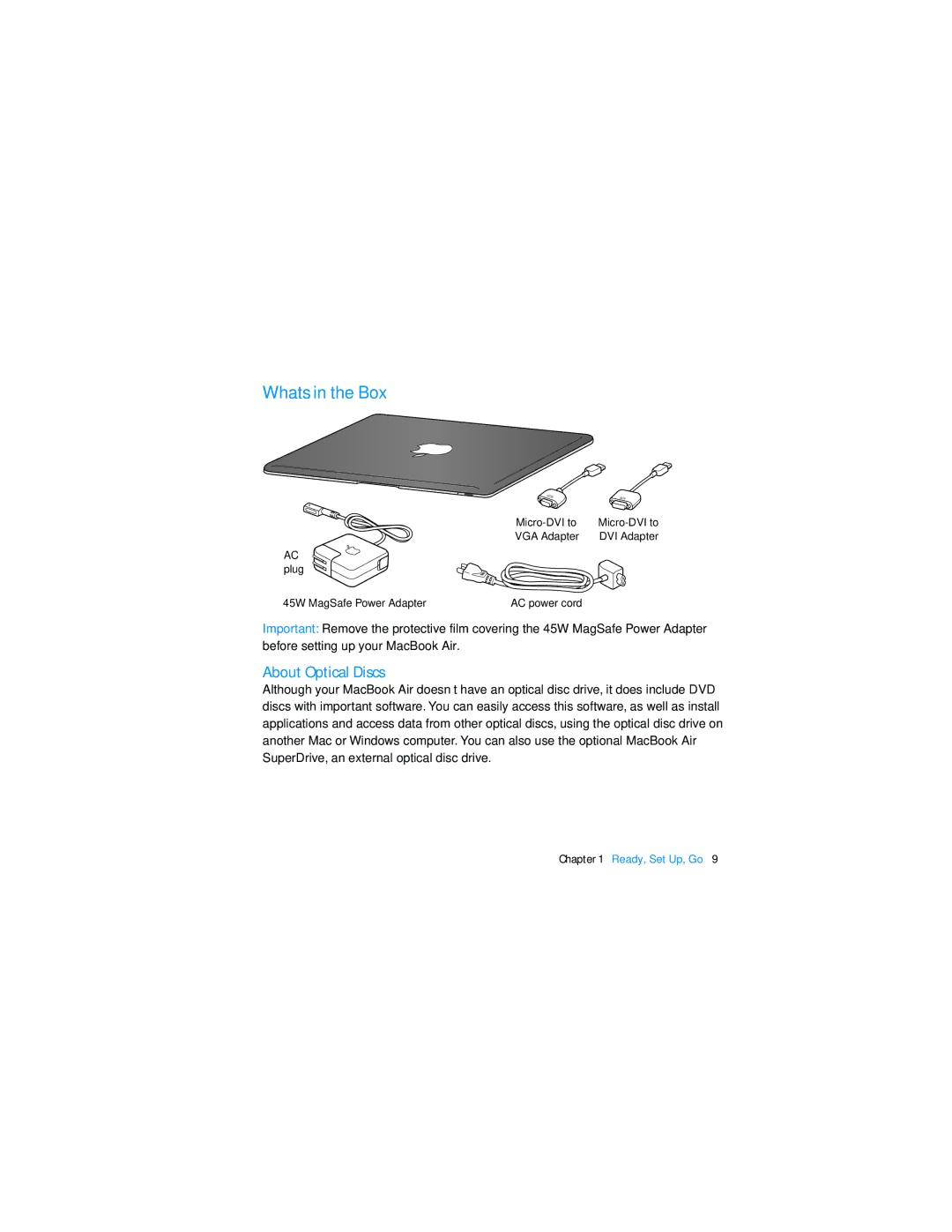 Apple MD712LL/A, MD761LL/A, MD760LL/A, MD711LL/A, MD223LL/A, MD224LL/A, MD232LL/A manual What’s in the Box, About Optical Discs 