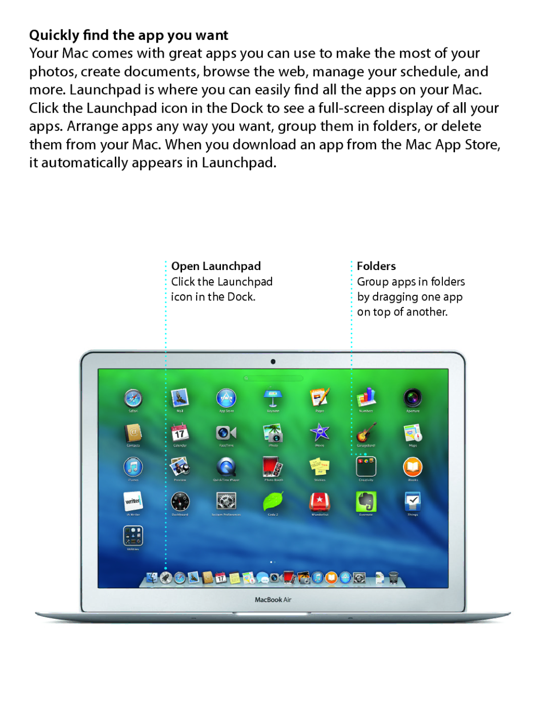 Apple MD760LL/A, MD761LL/A Quickly find the app you want, Open Launchpad Click the Launchpad icon in the Dock Folders 