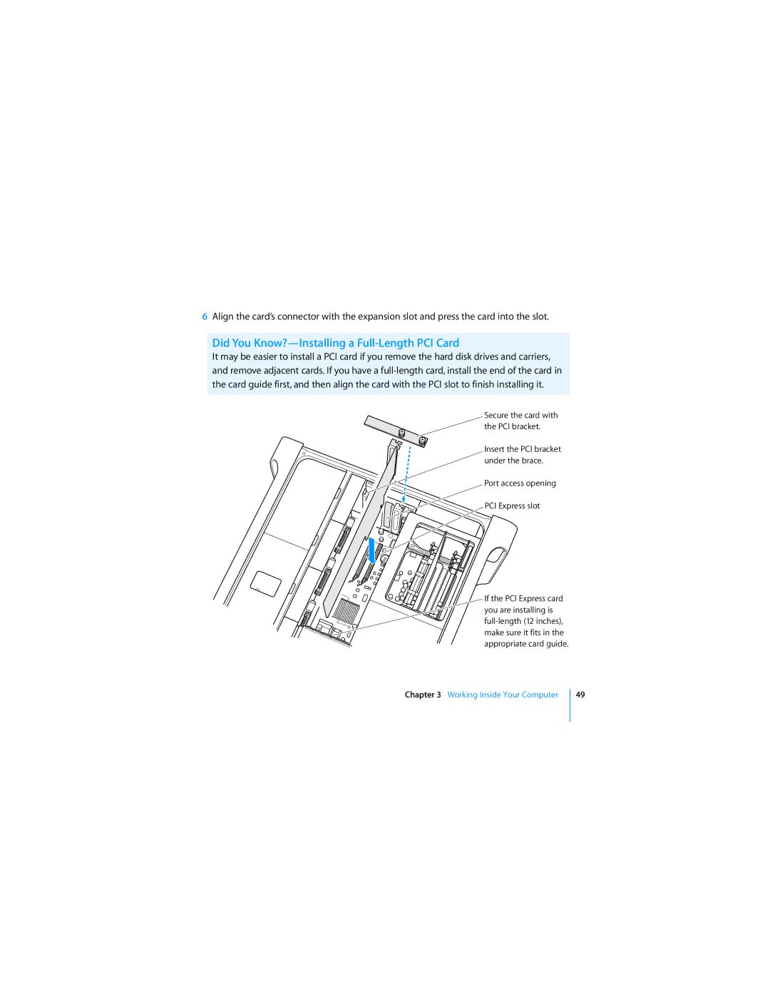 Apple MD771LL/A manual Did You Know?-Installing a Full-Length PCI Card, Port access opening PCI Express slot 