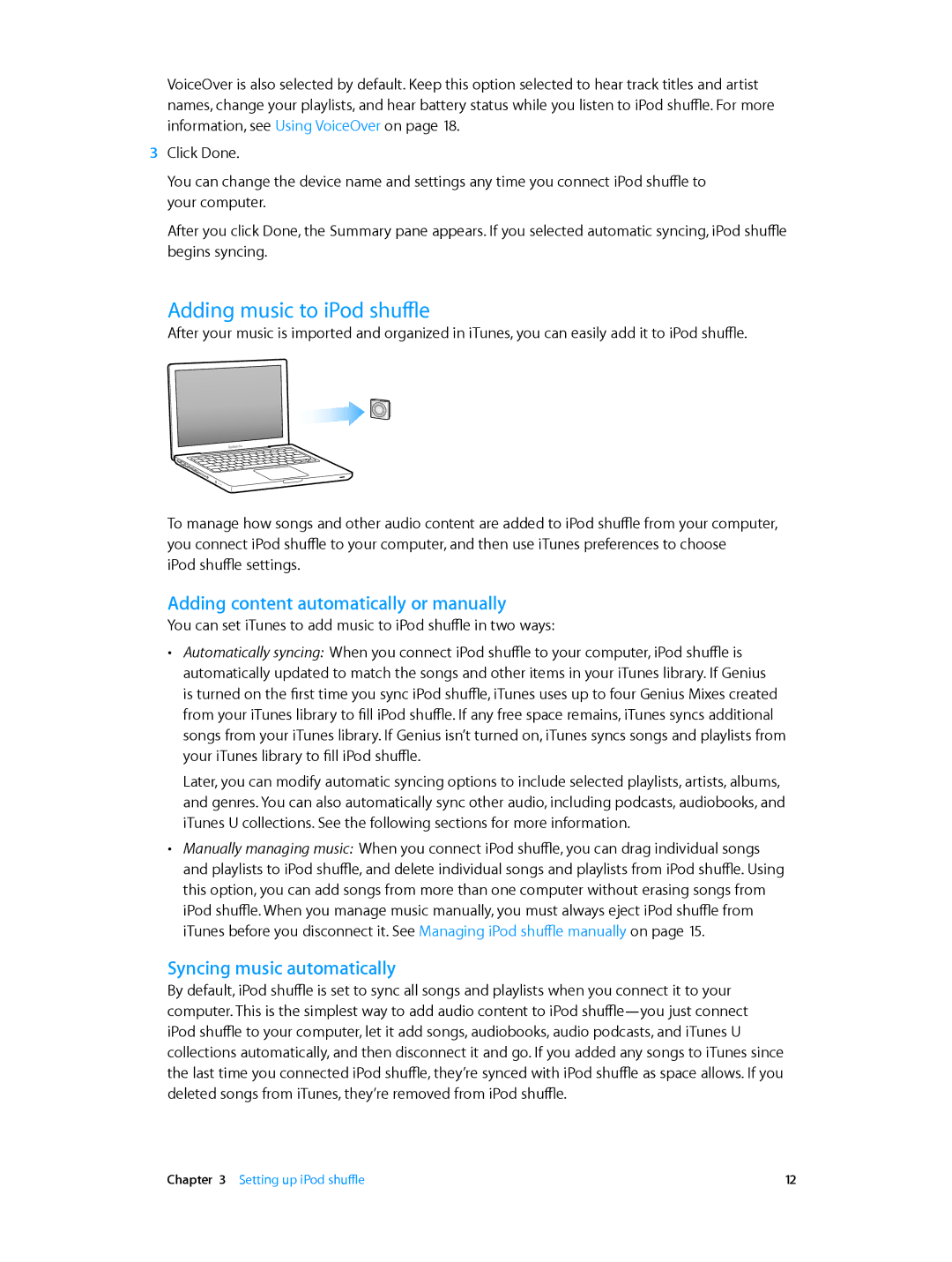 Apple MD773LL/A Adding music to iPod shuffle, Adding content automatically or manually, Syncing music automatically 