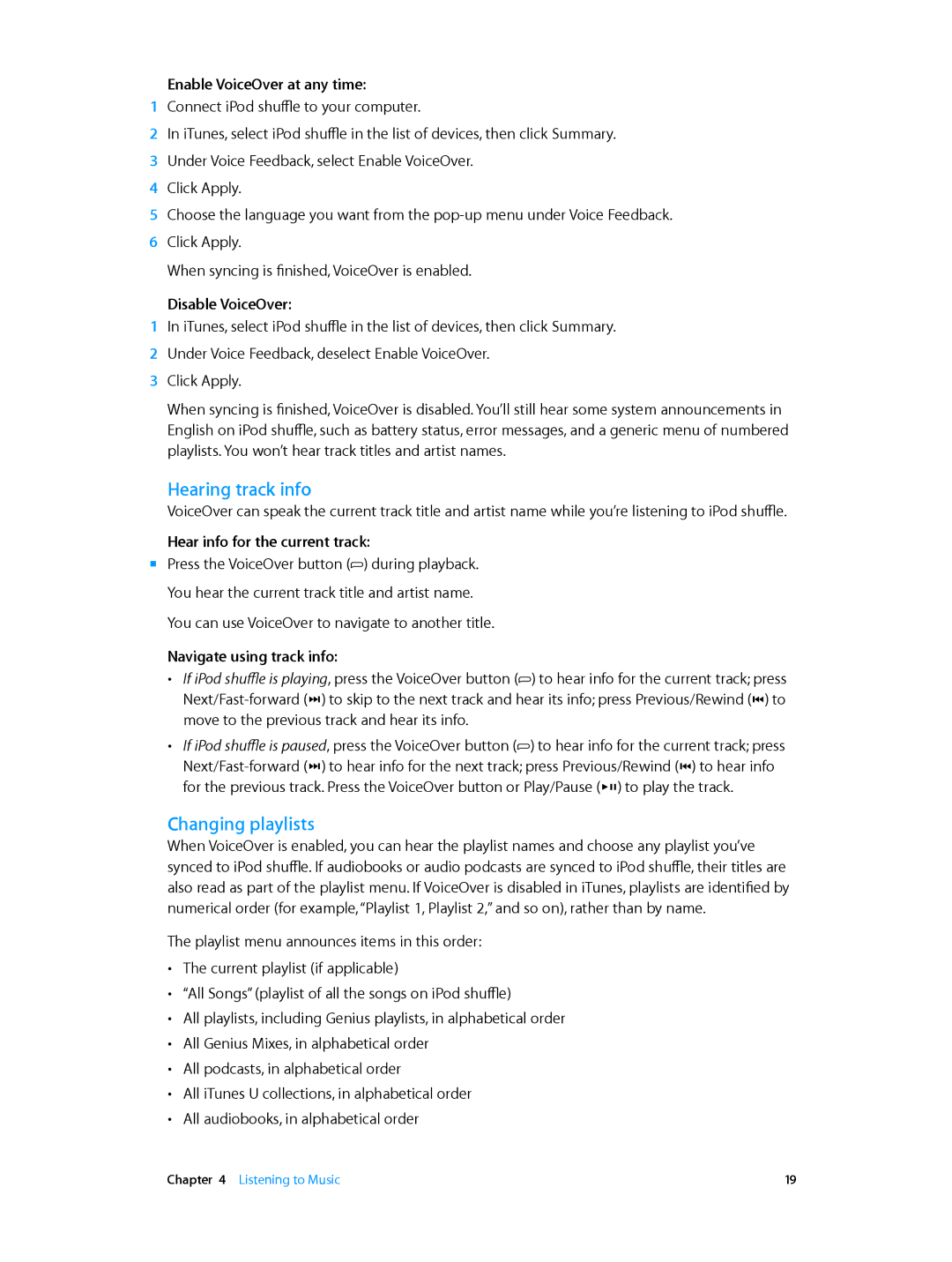 Apple MD778LL/A, MD777LL/A, MC751LL/A, MD773LL/A, MD774LL/A manual Hearing track info, Changing playlists 