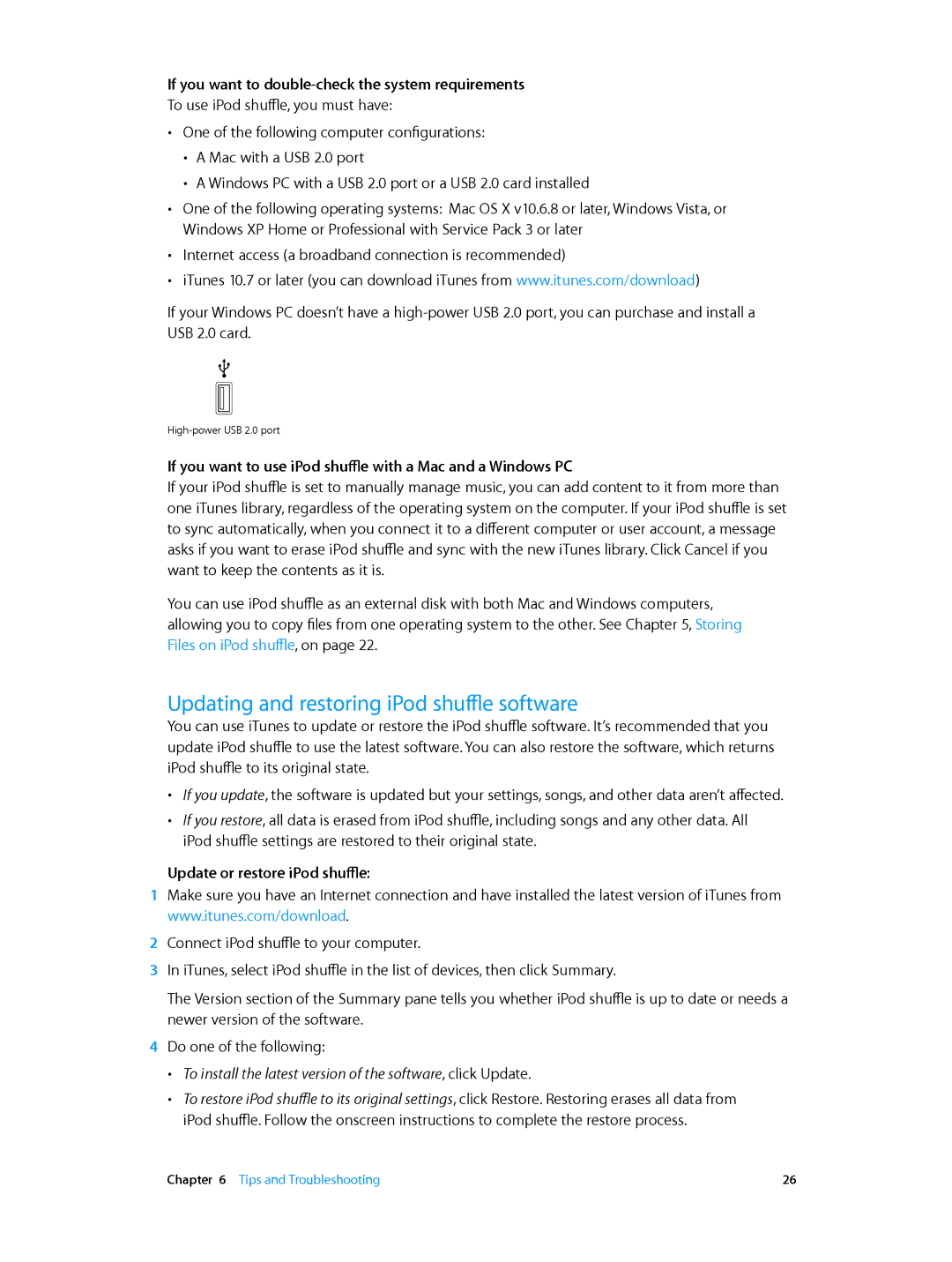 Apple MC751LL/A manual Updating and restoring iPod shuffle software, If you want to double-check the system requirements 