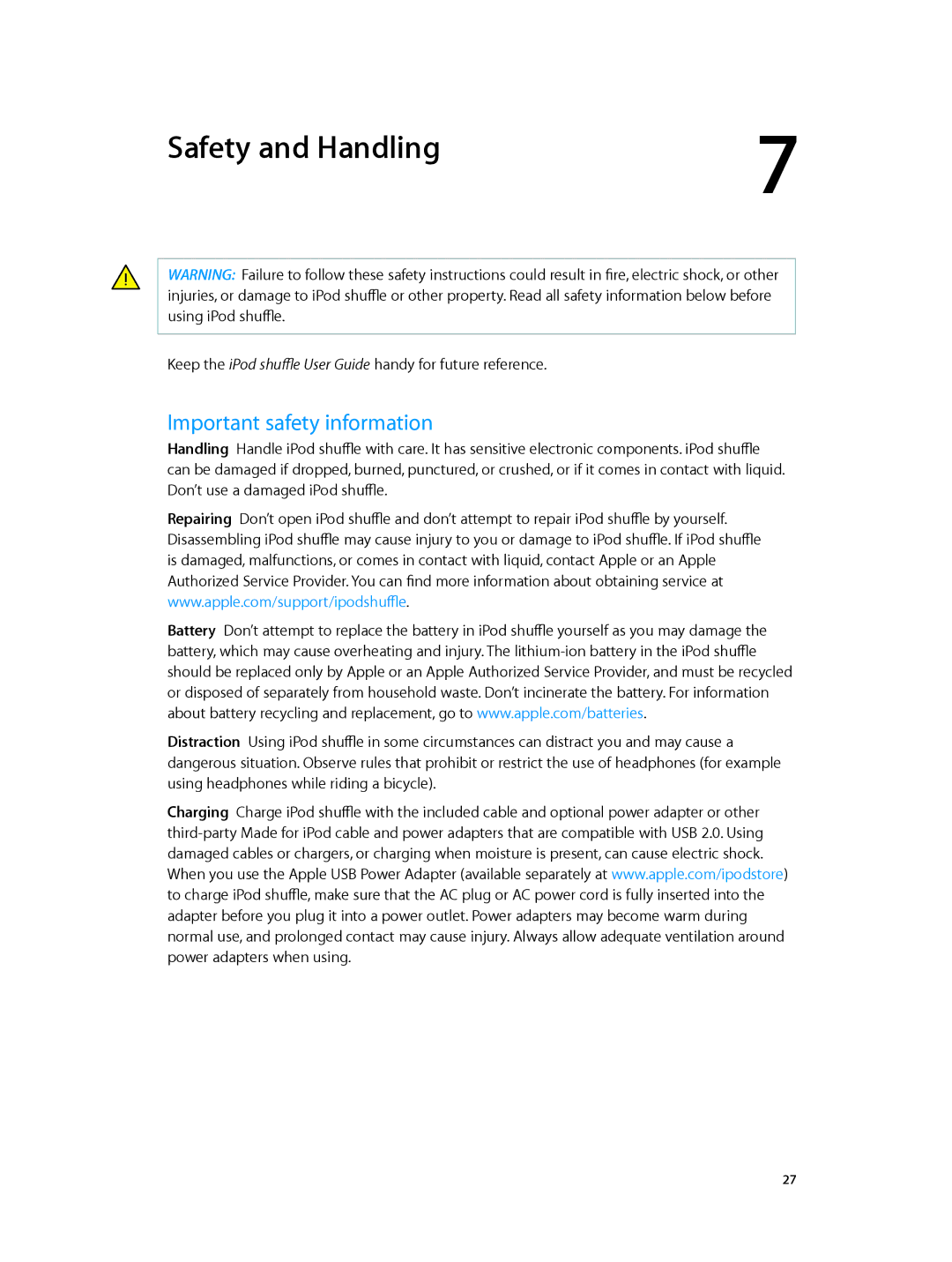 Apple MD773LL/A, MD777LL/A, MC751LL/A, MD774LL/A, MD778LL/A manual Safety and Handling, Important safety information 