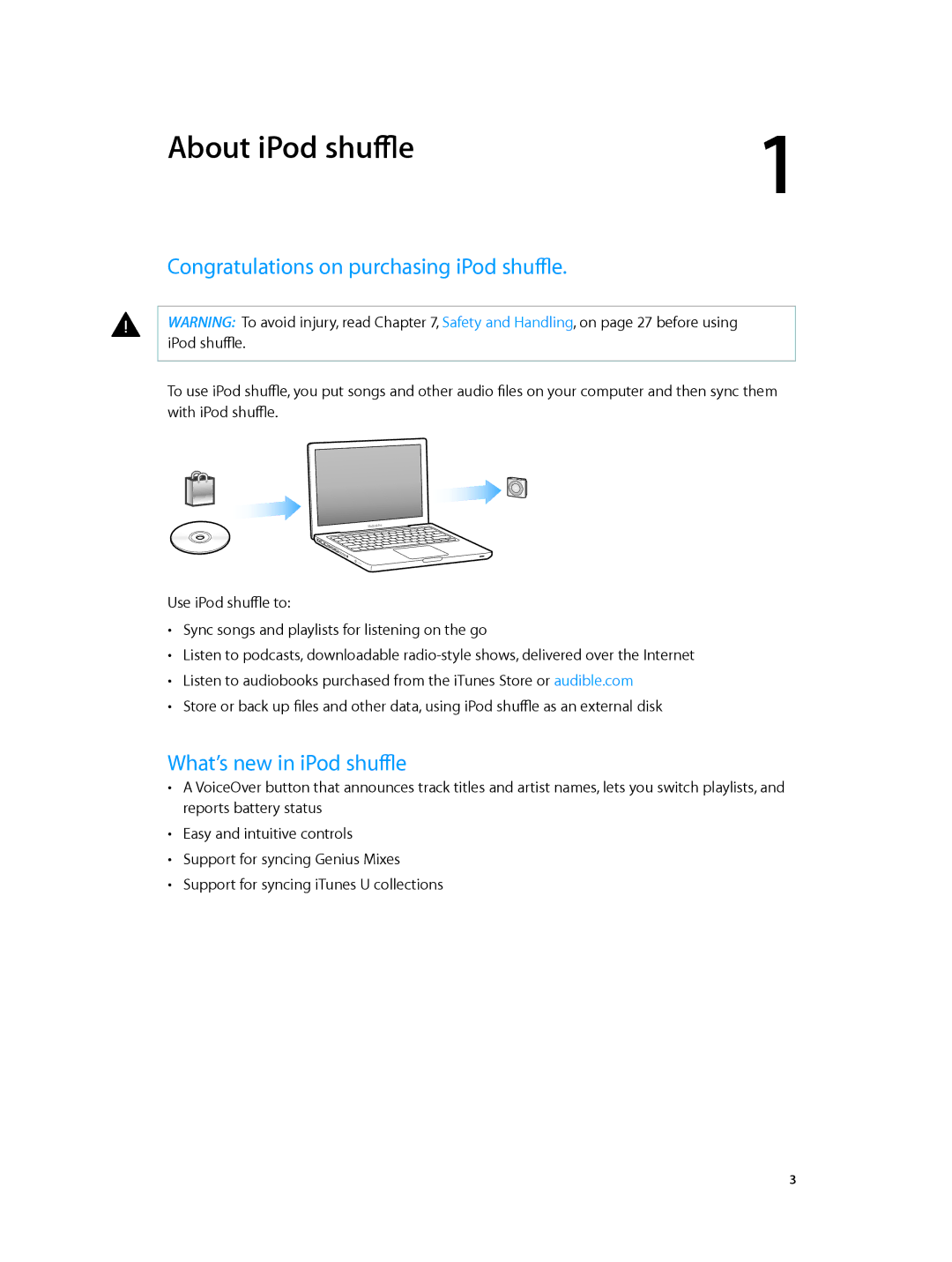 Apple MD774LL/A, MD777LL/A manual About iPod shuffle, Congratulations on purchasing iPod shuffle, What’s new in iPod shuffle 