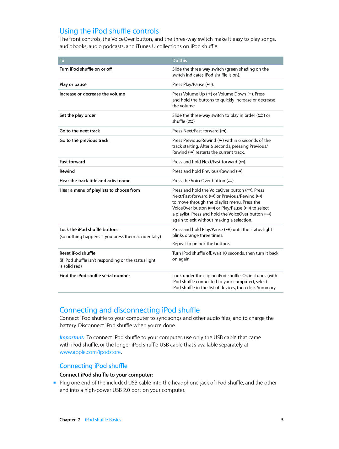 Apple MD777LL/A manual Using the iPod shuffle controls, Connecting and disconnecting iPod shuffle, Connecting iPod shuffle 