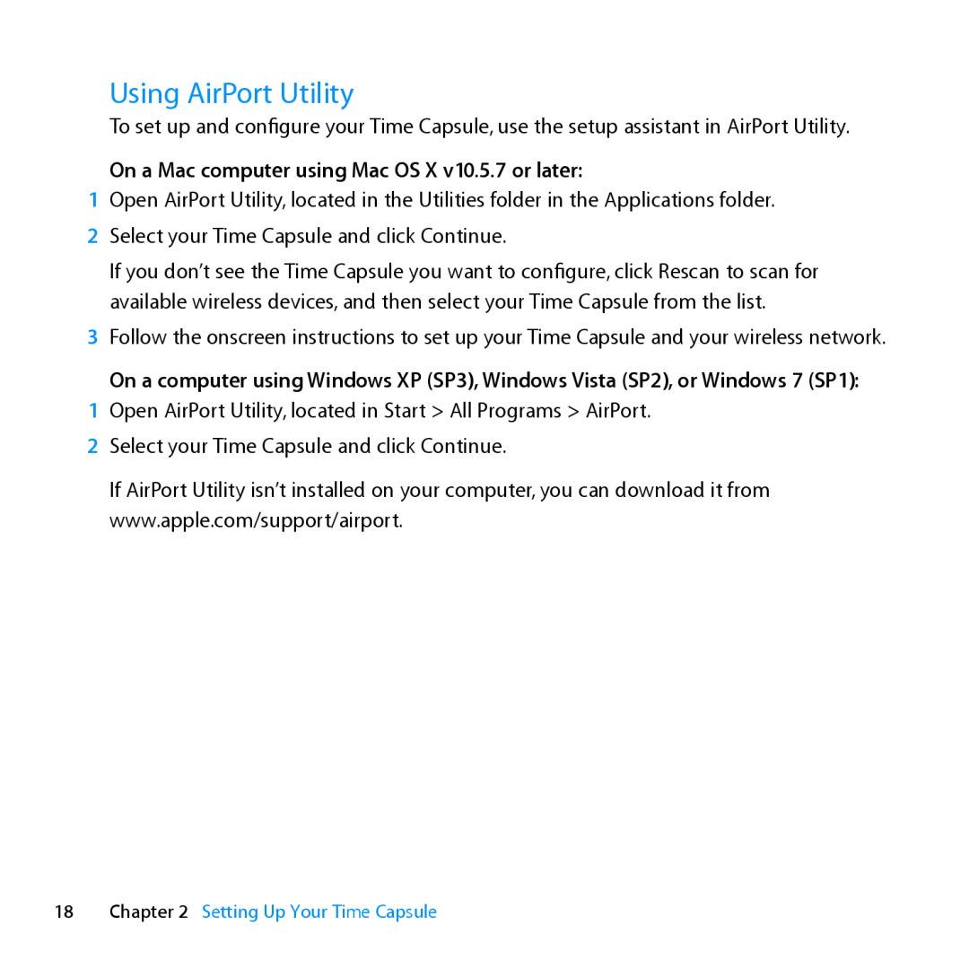 Apple ME177LL/A, MD032LL/A setup guide Using AirPort Utility, On a Mac computer using Mac OS X v10.5.7 or later 