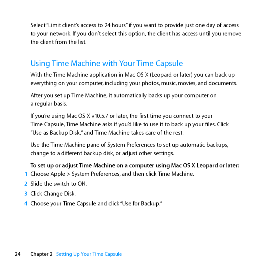 Apple ME177LL/A, MD032LL/A setup guide Using Time Machine with Your Time Capsule 