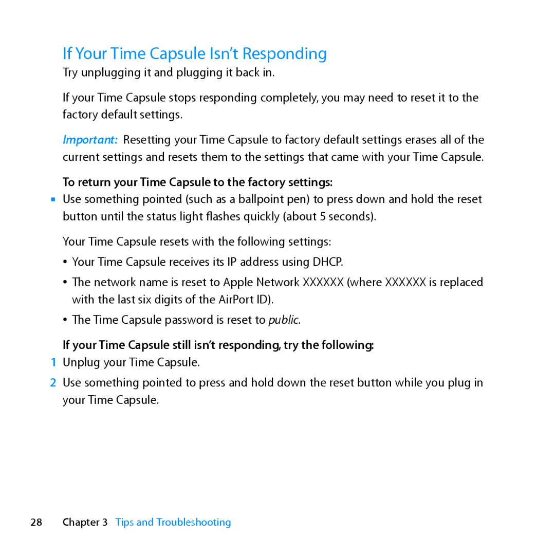 Apple ME177LL/A, MD032LL/A If Your Time Capsule Isn’t Responding, To return your Time Capsule to the factory settings 