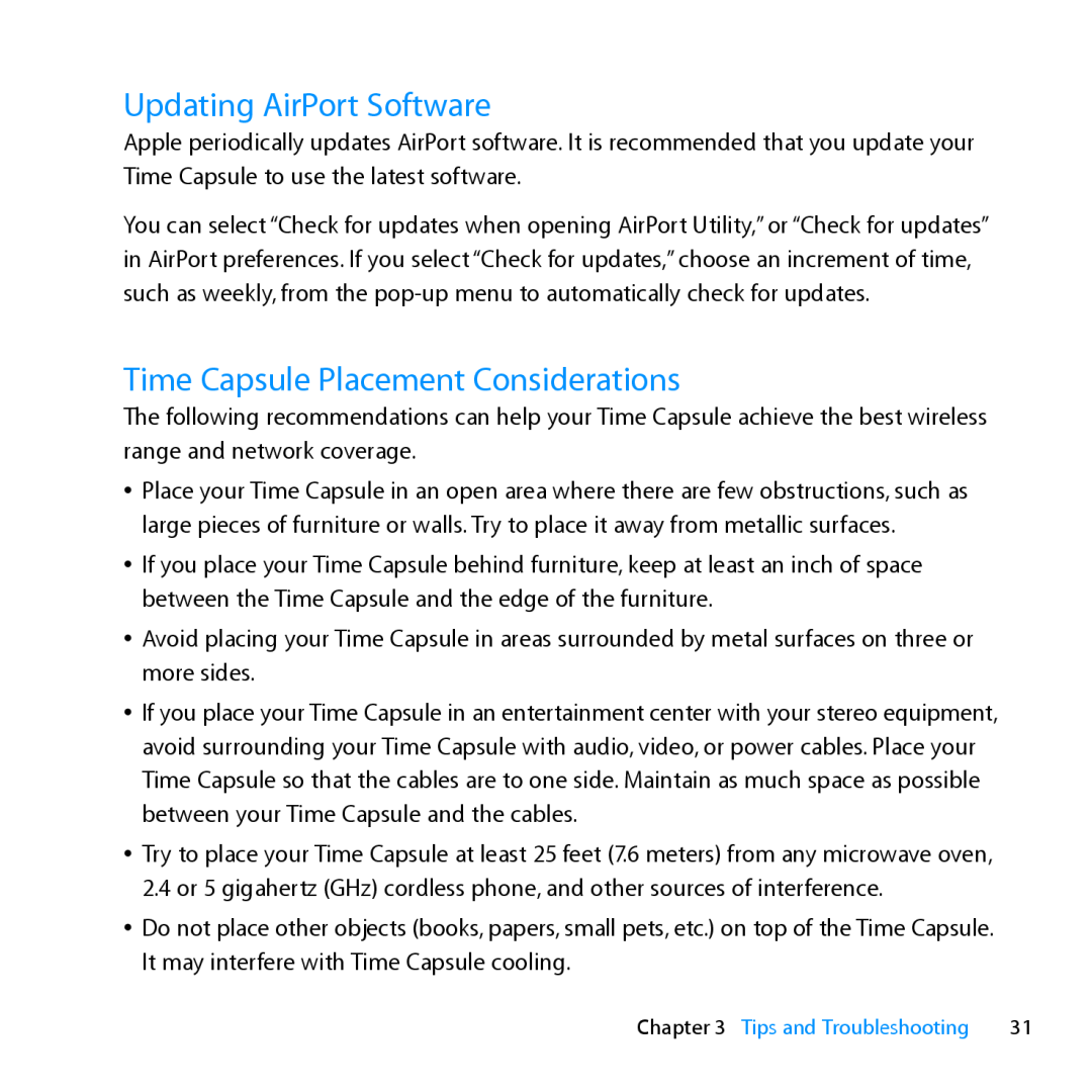 Apple MD032LL/A, ME177LL/A setup guide Updating AirPort Software, Time Capsule Placement Considerations 