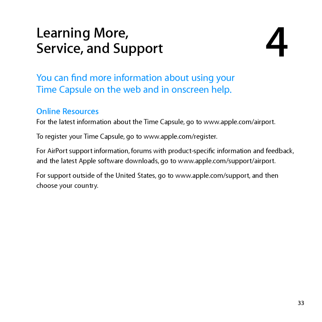 Apple MD032LL/A, ME177LL/A setup guide Learning More, Service, and Support, Online Resources 