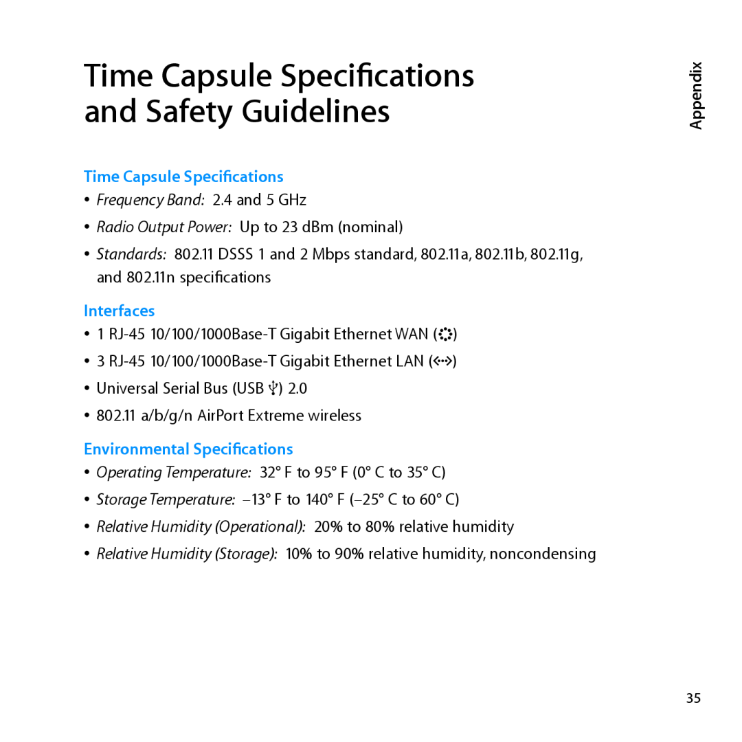Apple MD032LL/A, ME177LL/A setup guide Time Capsule Specifications, Interfaces, Environmental Specifications, Appendix 