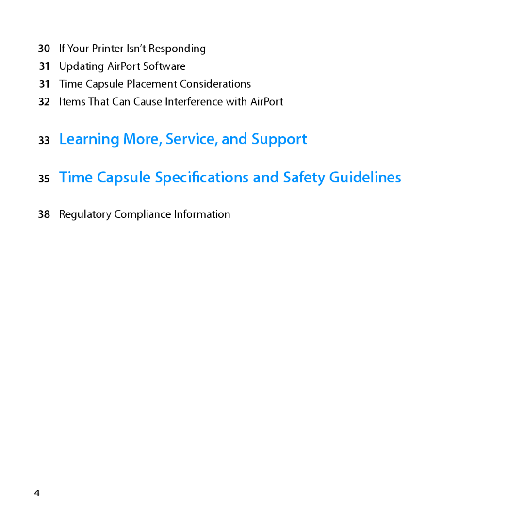 Apple ME177LL/A, MD032LL/A Learning More, Service, and Support, Time Capsule Specifications and Safety Guidelines 