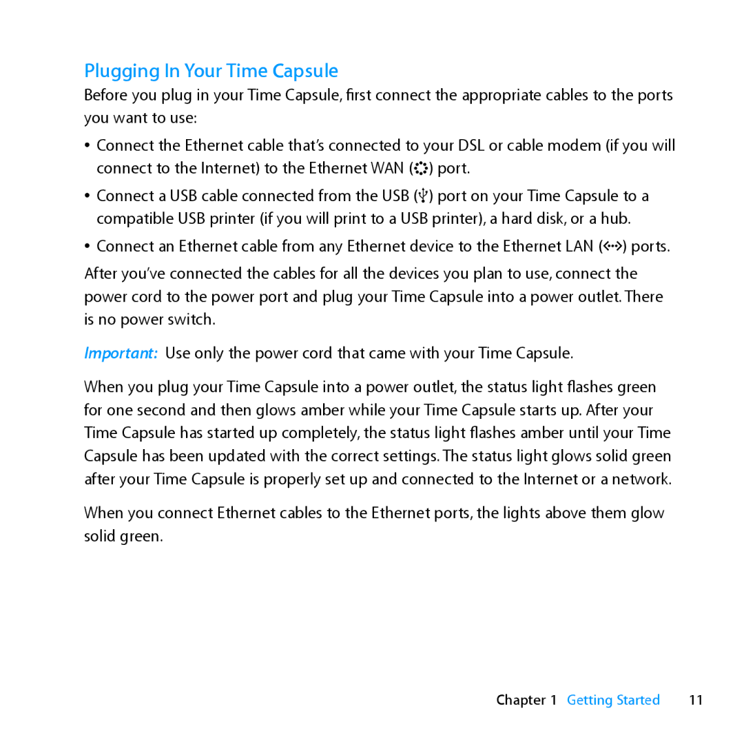 Apple MD032LL/A, ME177LL/A setup guide Plugging In Your Time Capsule 