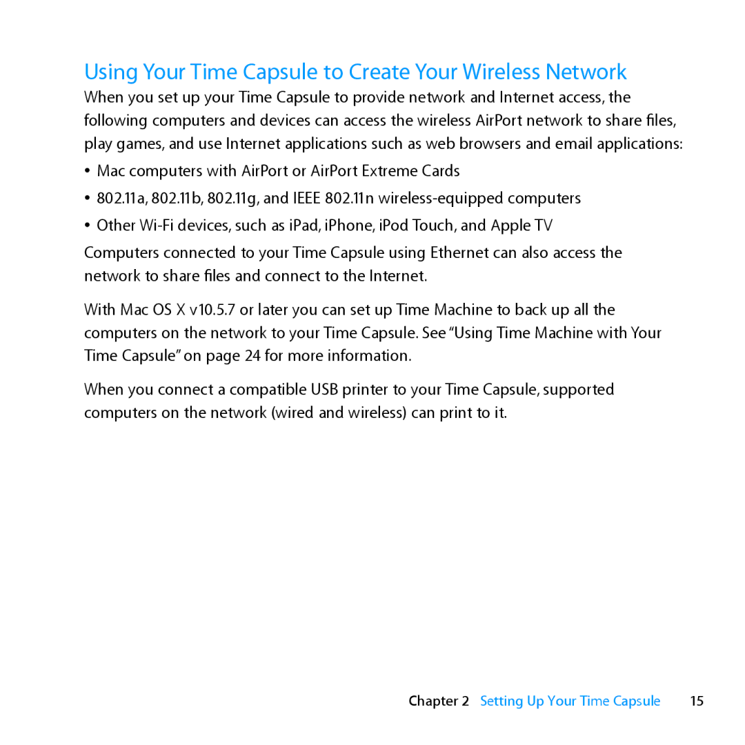 Apple MD032LL/A, ME177LL/A setup guide Using Your Time Capsule to Create Your Wireless Network 