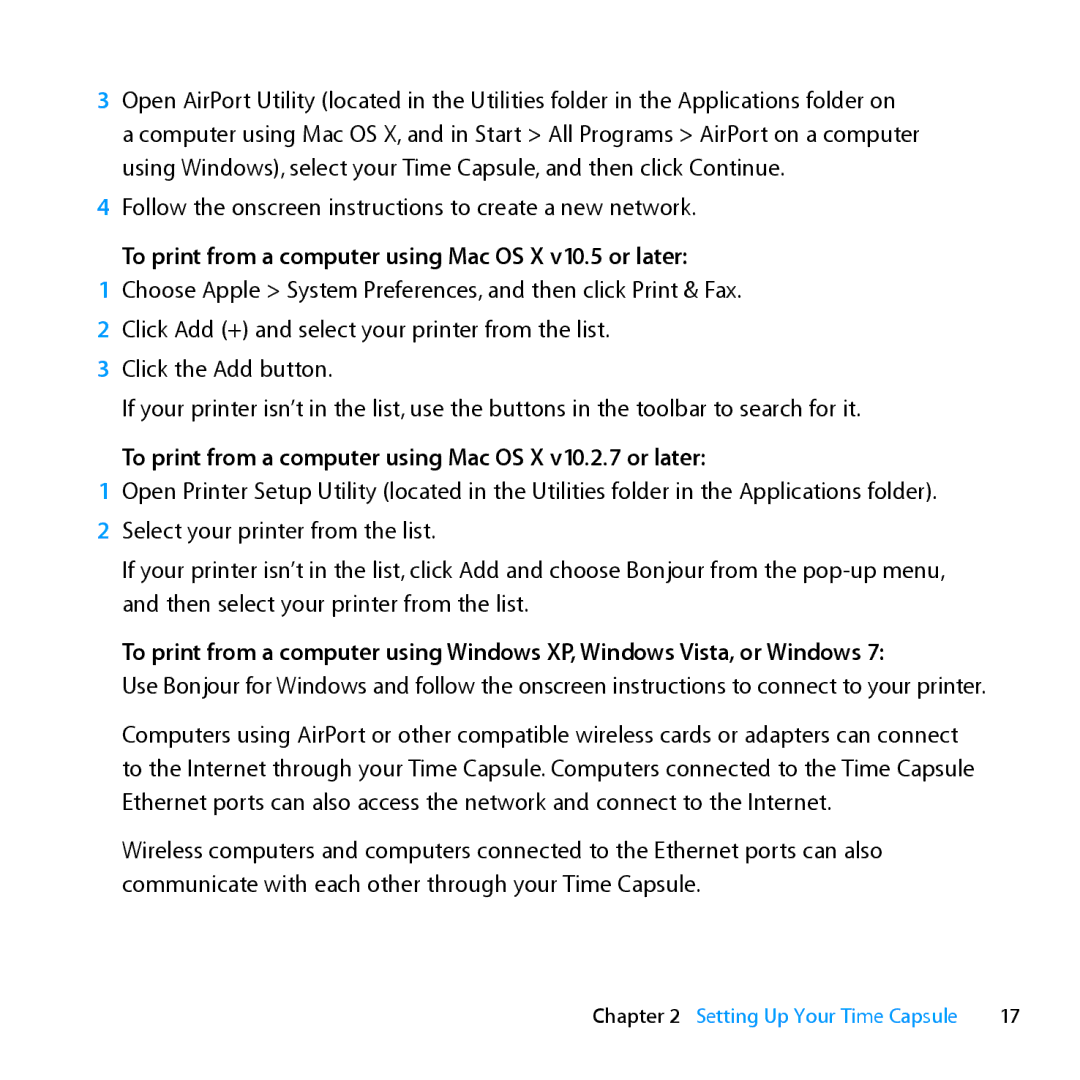 Apple MD032LL/A, ME177LL/A setup guide To print from a computer using Mac OS X v10.5 or later 