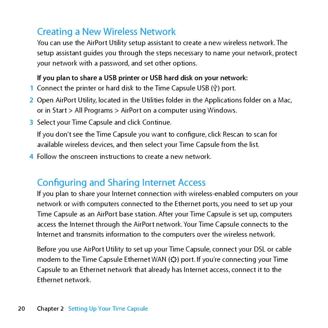 Apple ME177LL/A, MD032LL/A setup guide Creating a New Wireless Network, Configuring and Sharing Internet Access 