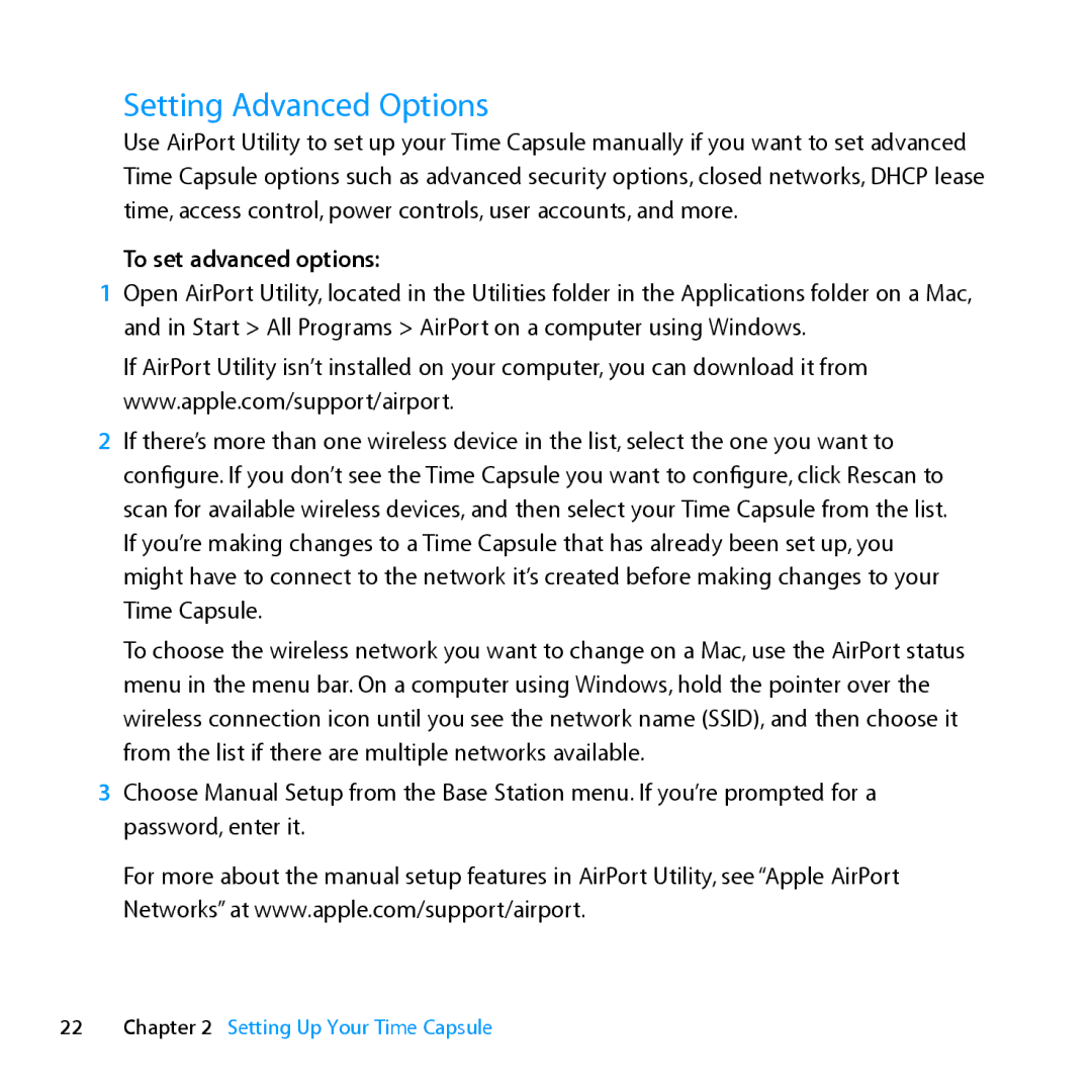 Apple ME177LL/A, MD032LL/A setup guide Setting Advanced Options, To set advanced options 