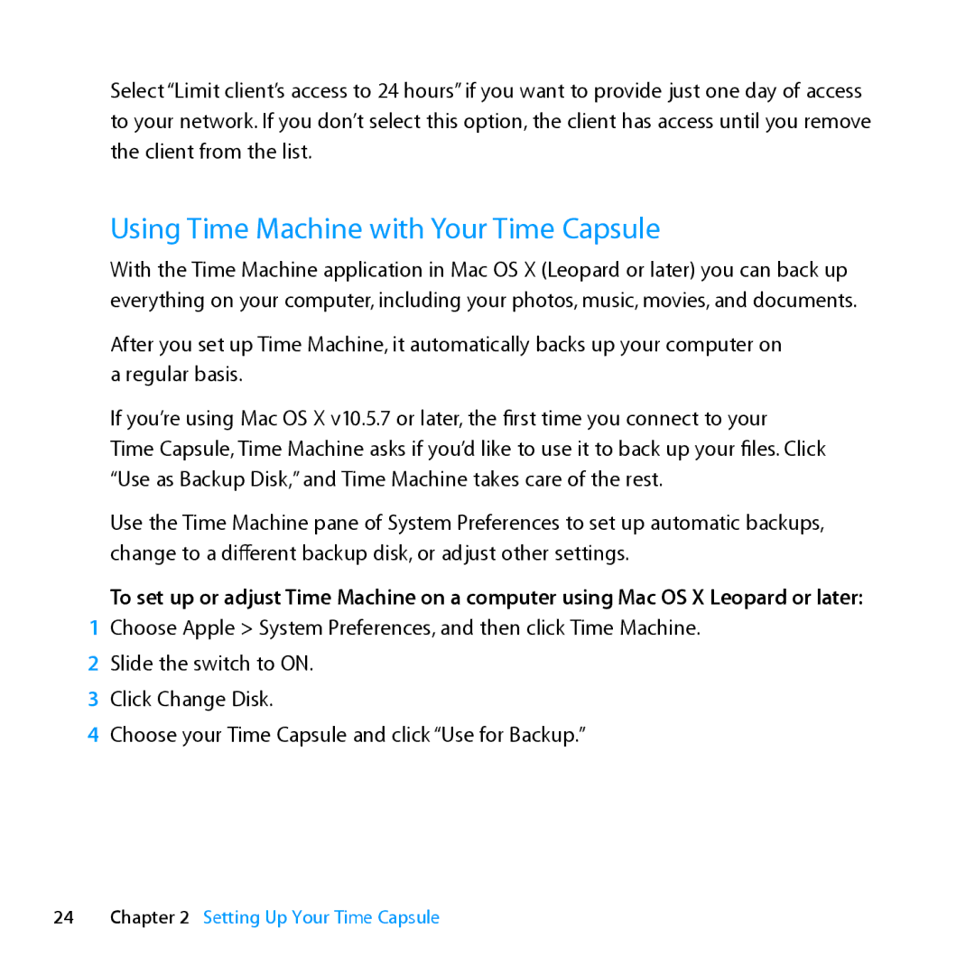 Apple ME177LL/A, MD032LL/A setup guide Using Time Machine with Your Time Capsule 