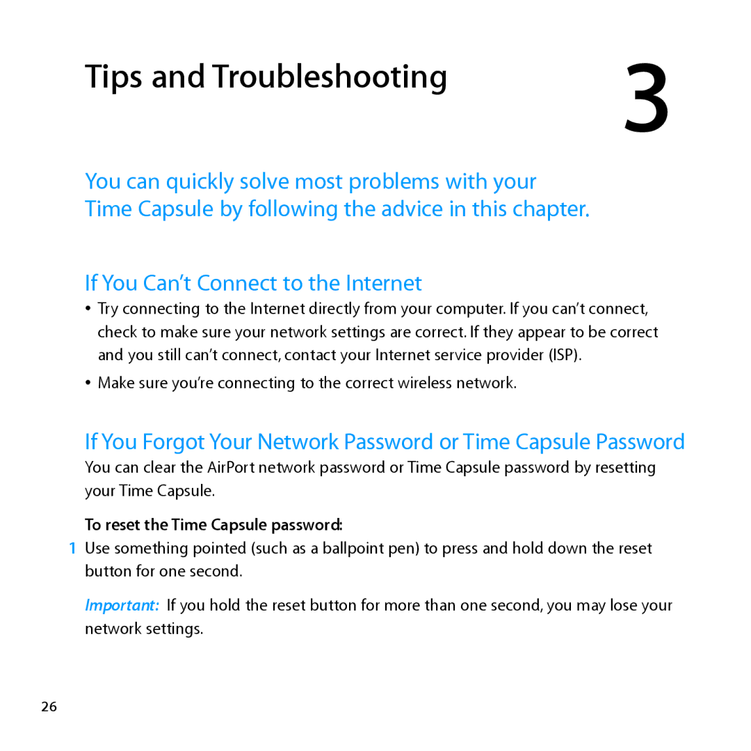 Apple ME177LL/A, MD032LL/A setup guide If You Can’t Connect to the Internet, To reset the Time Capsule password 