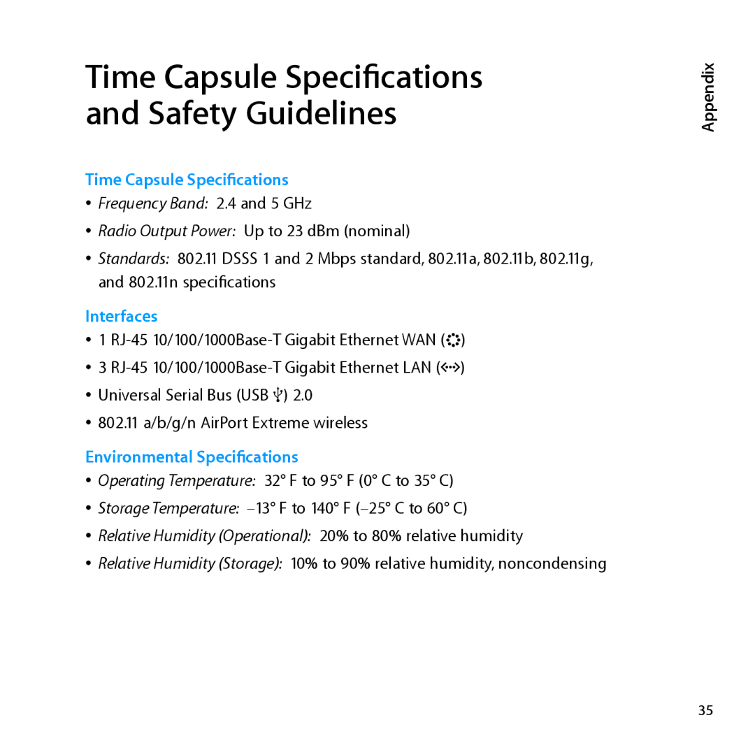 Apple MD032LL/A, ME177LL/A setup guide Time Capsule Specifications and Safety Guidelines, Appendix 