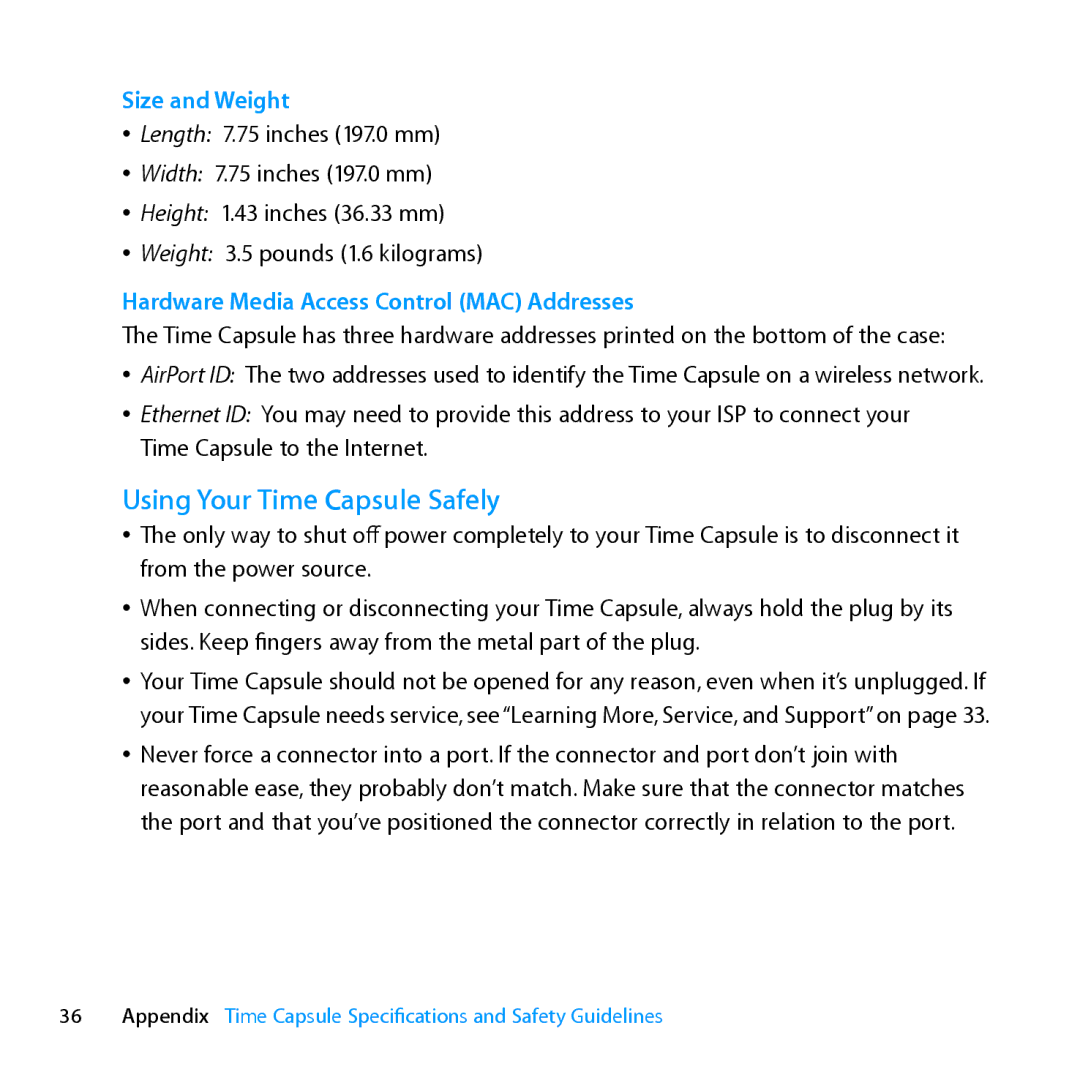 Apple ME177LL/A, MD032LL/A setup guide Using Your Time Capsule Safely 