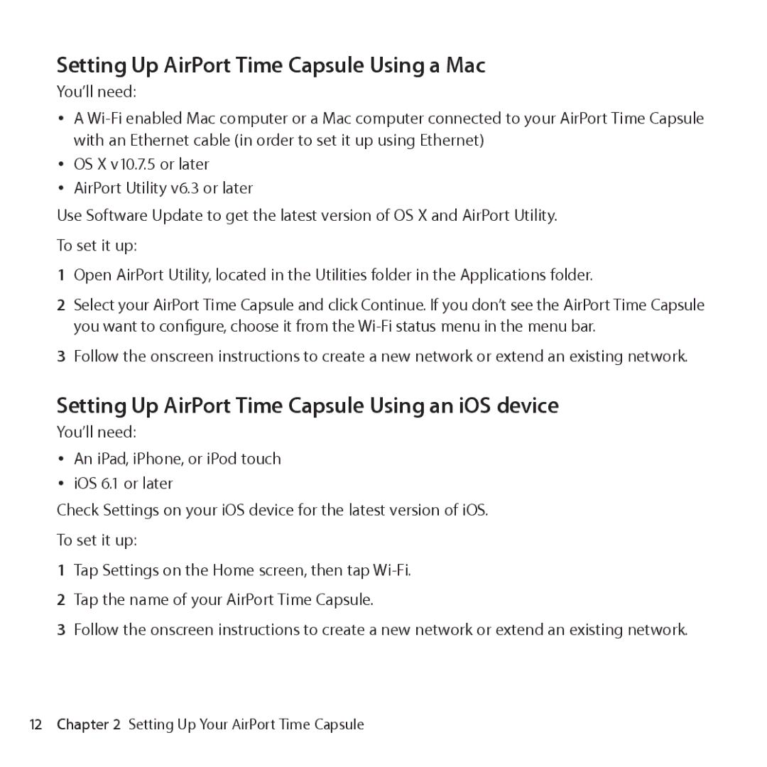 Apple ME177LL/A Setting Up AirPort Time Capsule Using a Mac, Setting Up AirPort Time Capsule Using an iOS device 