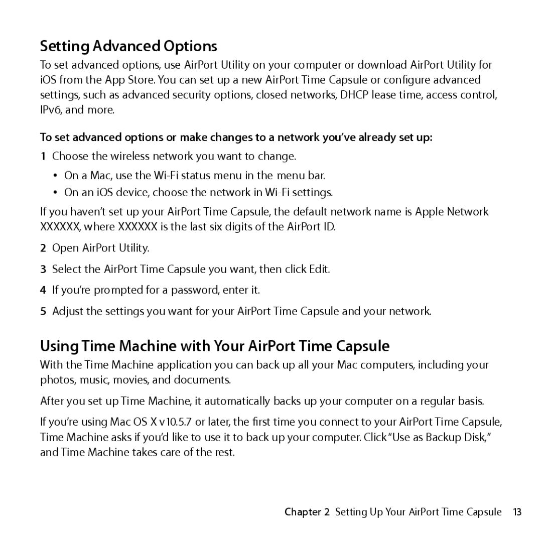 Apple ME182LL/A, ME177LL/A setup guide Setting Advanced Options, Using Time Machine with Your AirPort Time Capsule 