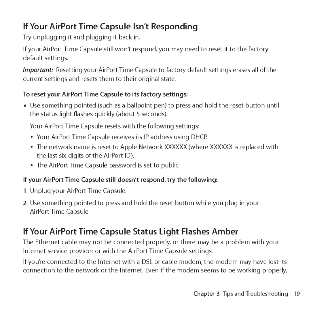 Apple ME182LL/A If Your AirPort Time Capsule Isn’t Responding, If Your AirPort Time Capsule Status Light Flashes Amber 