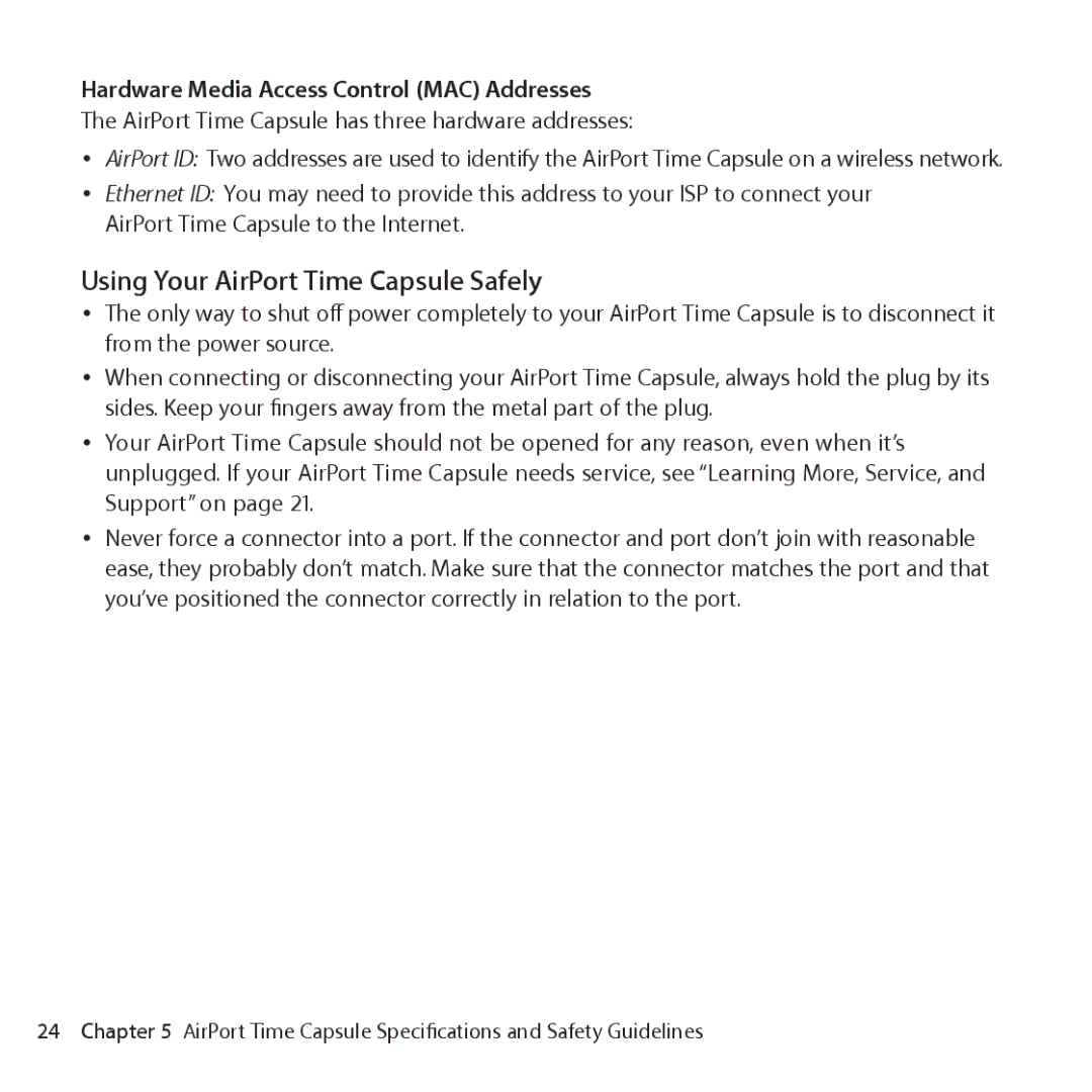 Apple ME177LL/A, ME182LL/A setup guide Using Your AirPort Time Capsule Safely 