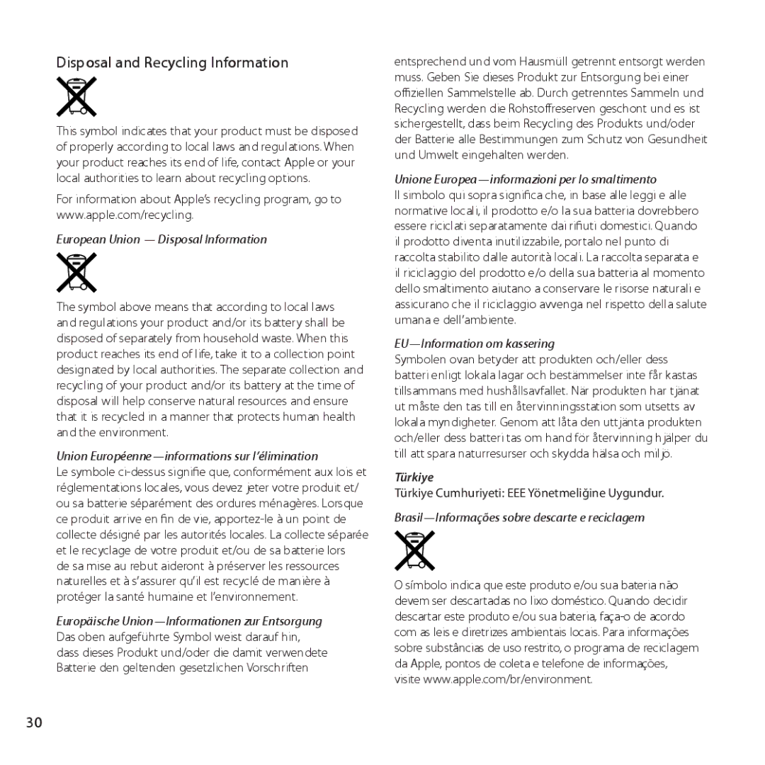 Apple ME177LL/A, ME182LL/A setup guide Disposal and Recycling Information, European Union Disposal Information 